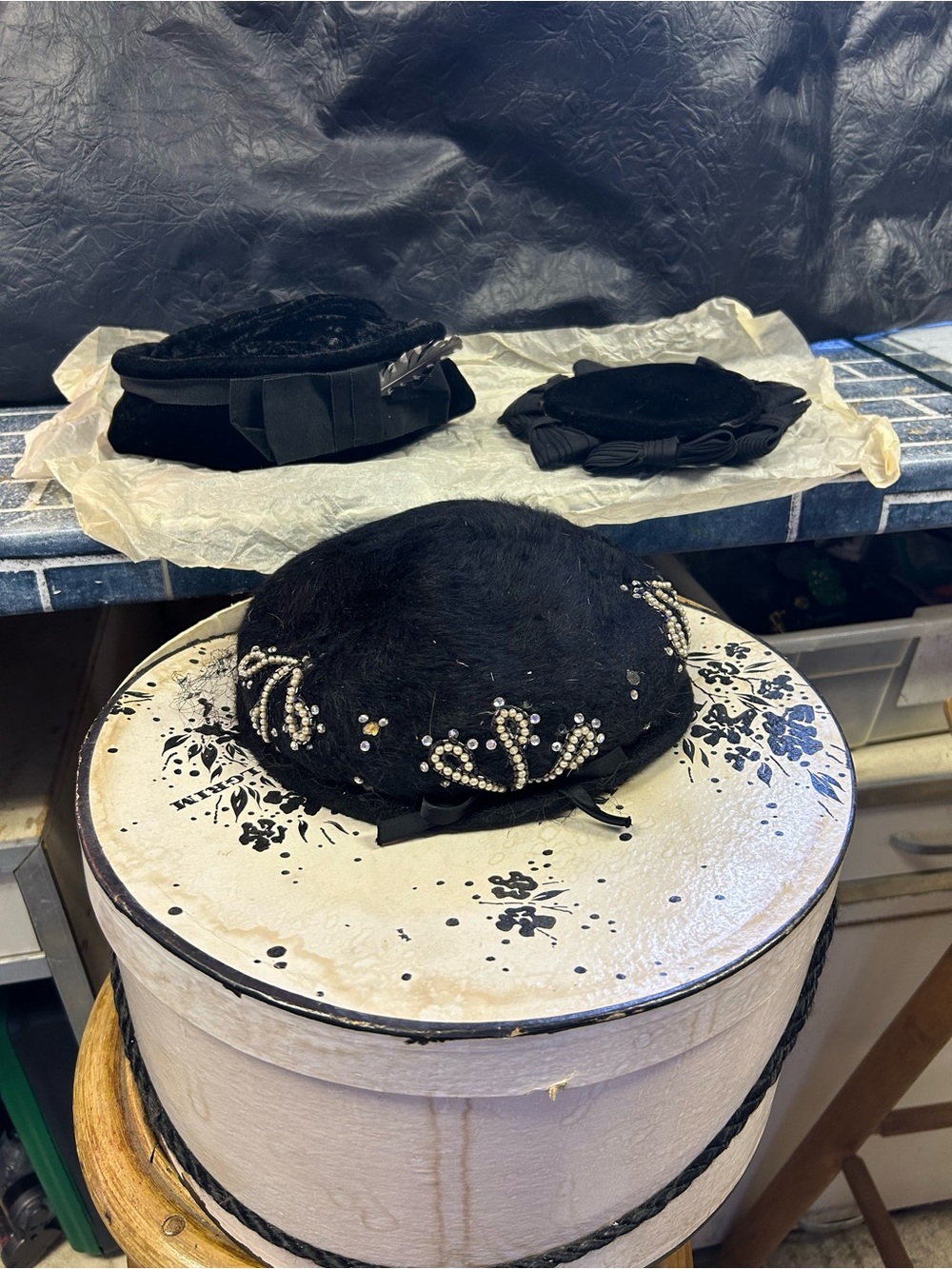 Vintage 1950 Cocktail Pillbox Hat Lot(3),Milgrim Beaded Velvet Merrimac+box